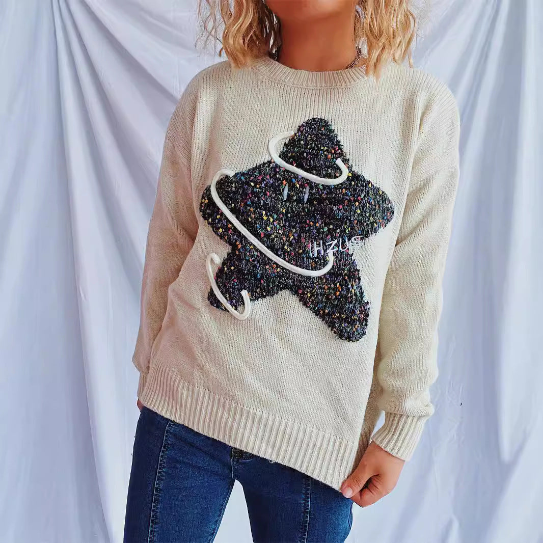Damen Strickpullover mit kreativem Motiv und lässigem Schnitt EB
