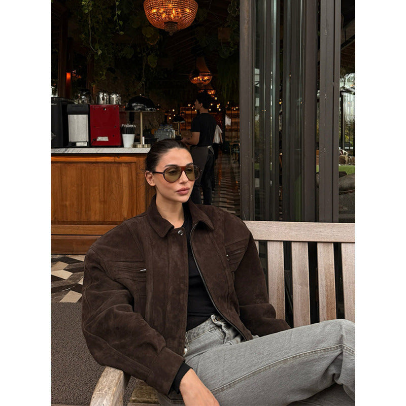 Damen Modische Wildlederjacke mit cropped Schnitt EB