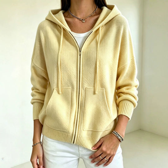 Damen Kapuzen-Wollmix Zip-Cardigan mit kastiger Passform und Kängurutaschen EB