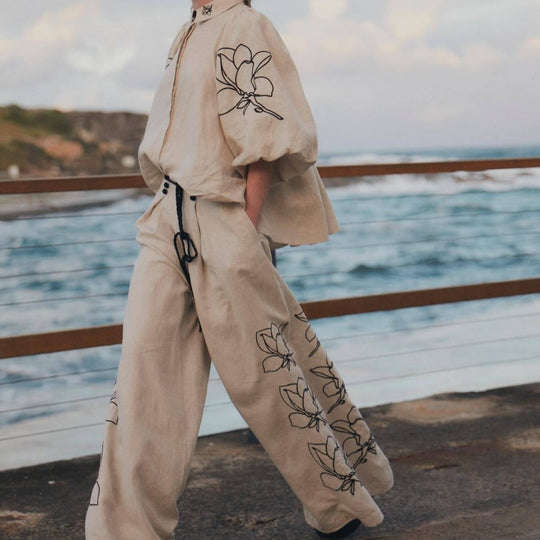 Damen Weit geschnittene Leinenhose mit floralen Stickereien EB