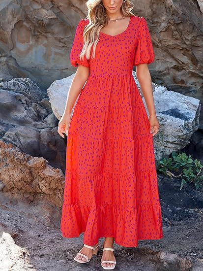 Damen Maxi-Kleid mit floralem Design und voluminösem Rock EB