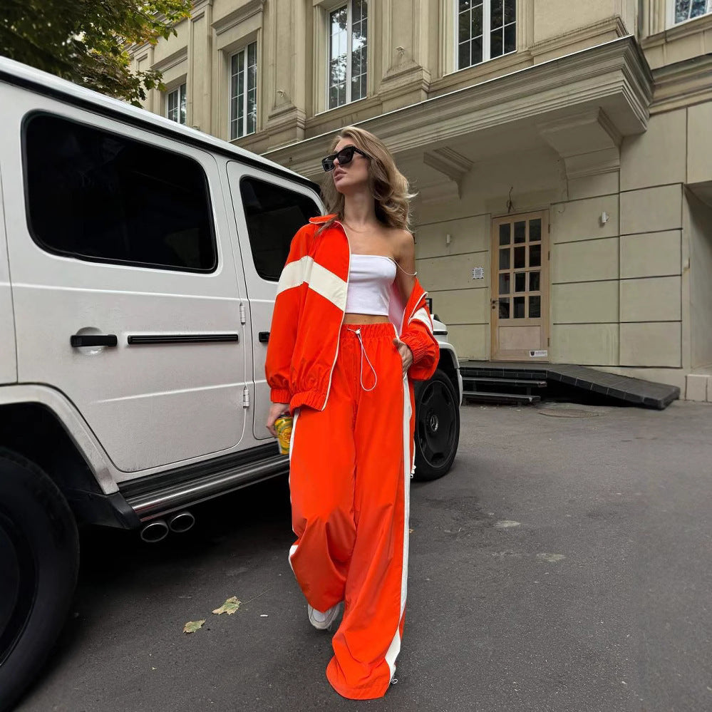 Damen Zweiteiliges Oversized Windbreaker-Set mit Kontraststreifen, Elastischem Saum und Tunnelzughose EB