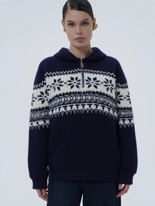 Damen gestrickter Pullover mit Halskragen und Modischem Norweger-Muster EB