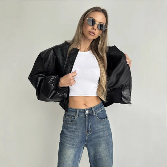 Damen trendige cropped Kunstlederjacke mit voluminösen Ärmeln EB