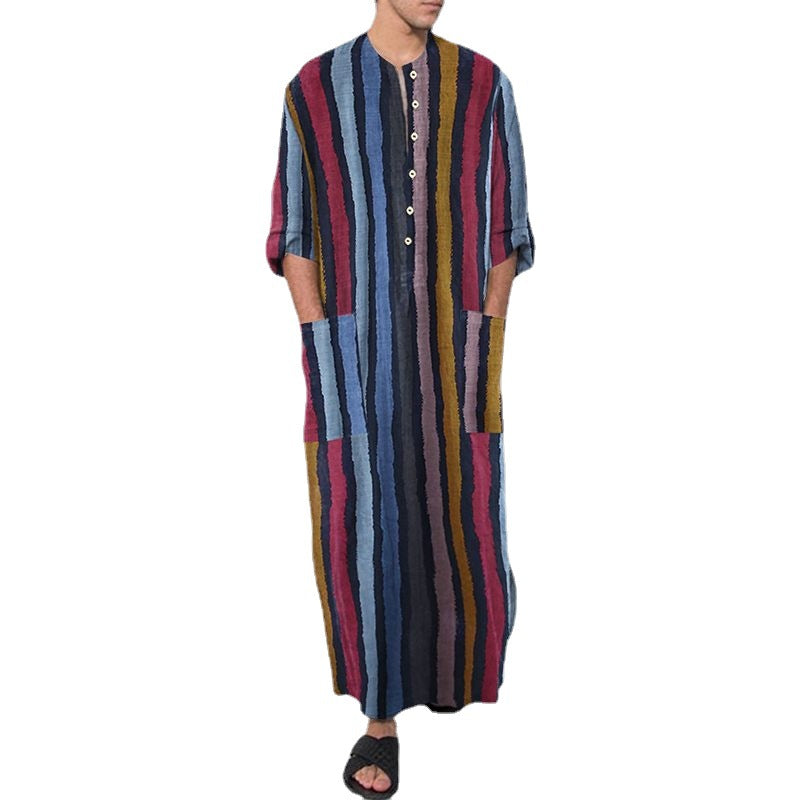 Herren nan bodenlanger gestreifter Leinenmix Kaftan mit Stehkragen und aufgesetzten Hüfttaschen EB