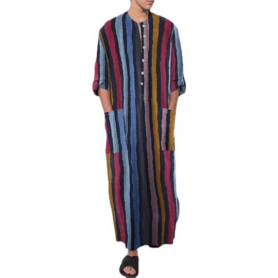 Herren nan bodenlanger gestreifter Leinenmix Kaftan mit Stehkragen und aufgesetzten Hüfttaschen EB