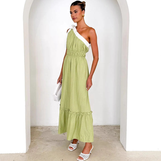 Damen Maxikleid mit asymmetrischem Schulterdesign und fließendem Faltenrock EB