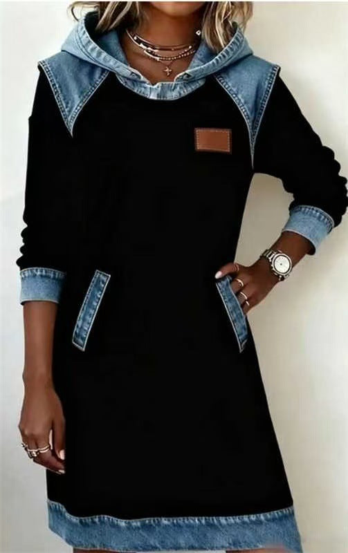 Damen nan Kapuzen-Sweatkleid mit Jeans-Applikationen, Kängurutaschen und lässigem Schnitt EB
