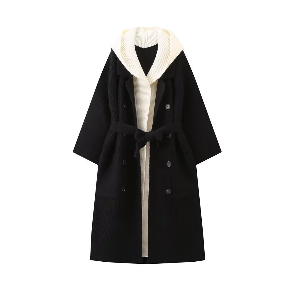 Damen lässiger Longcardigan mit bindbarem Taillengürtel und zweilagigem Kragen EB