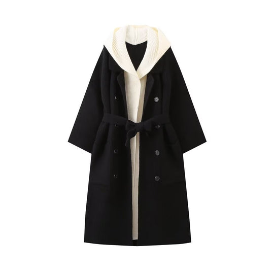 Damen lässiger Longcardigan mit bindbarem Taillengürtel und zweilagigem Kragen EB