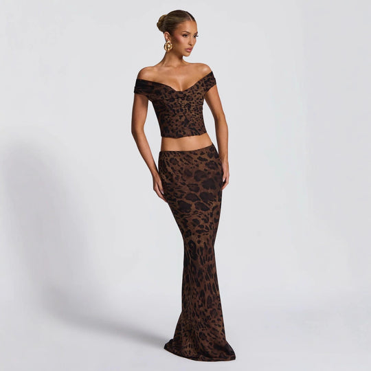 Damen Elegantes Set aus Crop-Top und Maxirock mit Leopardenmuster EB