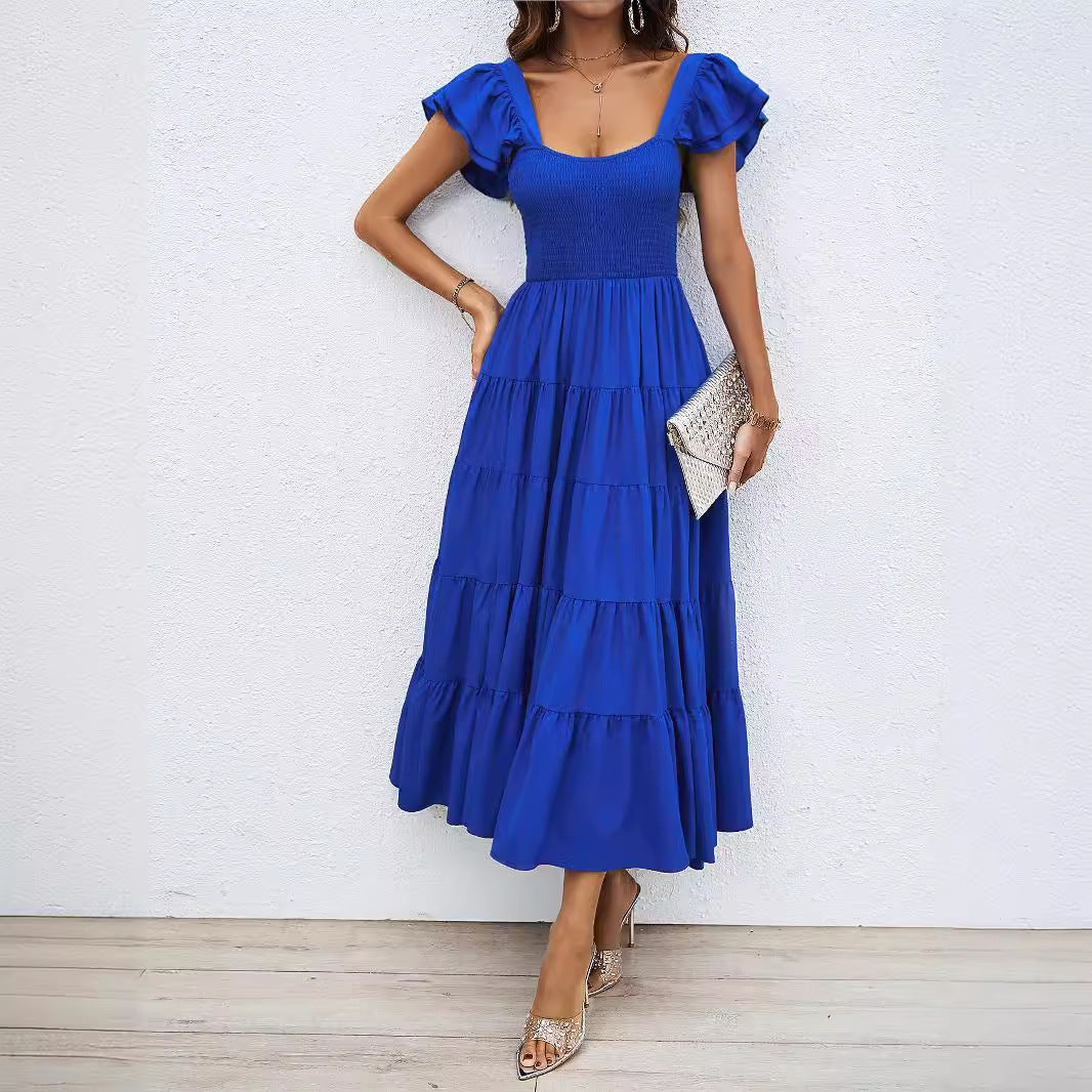 Damen Lange Maxikleid mit eleganten Rüschenträgern und gefüttertem Oberteil EB