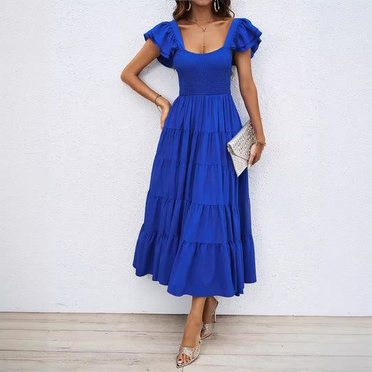 Damen Lange Maxikleid mit eleganten Rüschenträgern und gefüttertem Oberteil EB