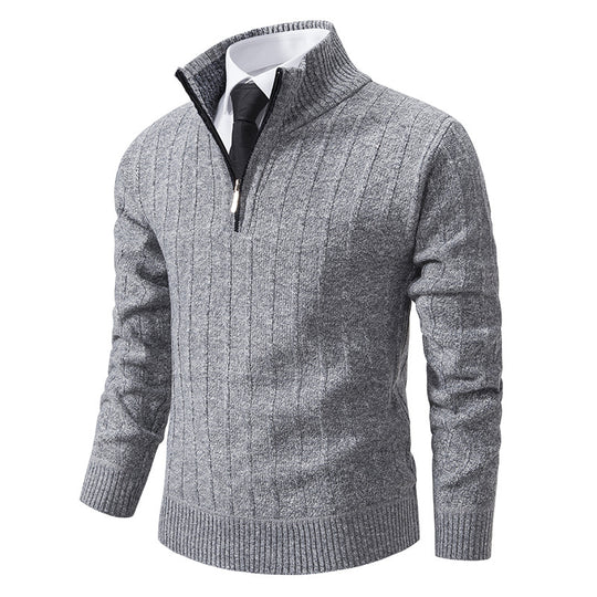 Herren nan Halbzip-Strickpullover mit strukturierter Zopfoptik, wärmendem Stehkragen und schmaler Silhouette EB