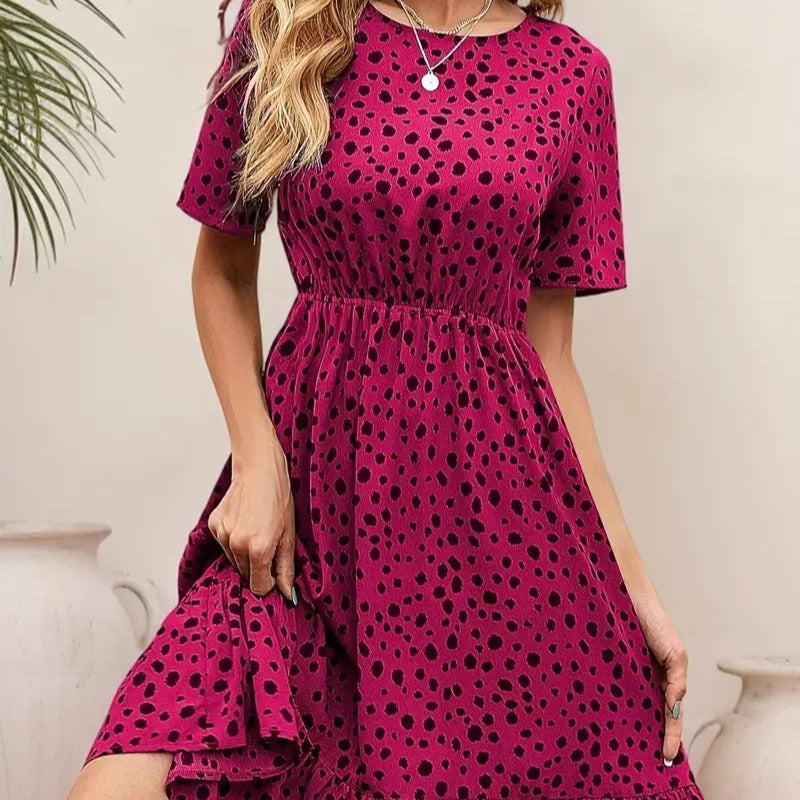 Damen Sommerliches A-Linien Kleid mit Rüschensaum und Punkten EB