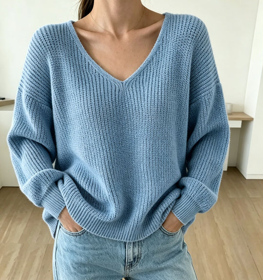 Damen Lässiger Boxy-Grobstrickpullover mit V-Ausschnitt und gerippten Bündchen EB