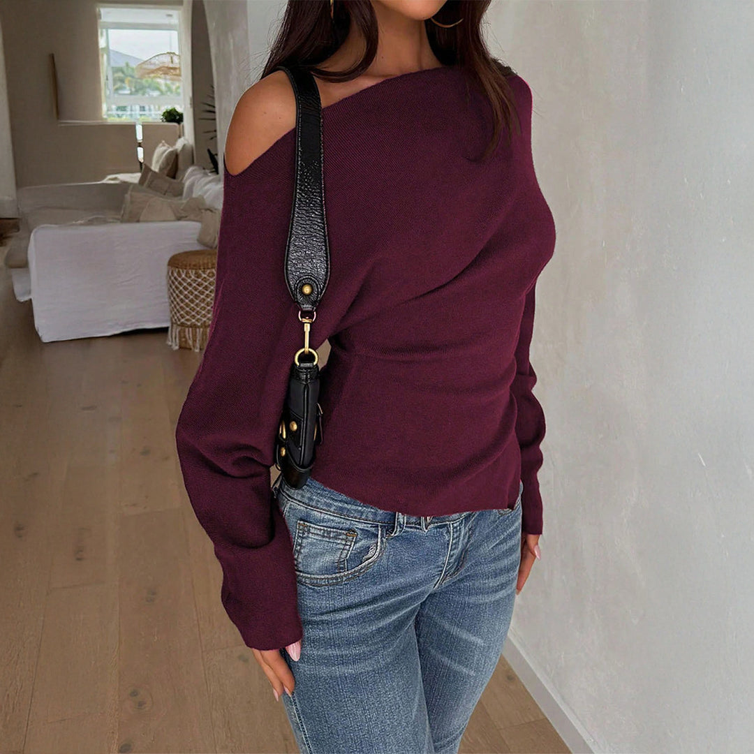 Damen nan schulterfreier Feinstrickpullover mit asymmetrischem Cut-Out, taillierter Passform und weiten Ärmeln EB