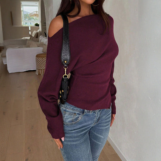 Damen nan schulterfreier Feinstrickpullover mit asymmetrischem Cut-Out, taillierter Passform und weiten Ärmeln EB