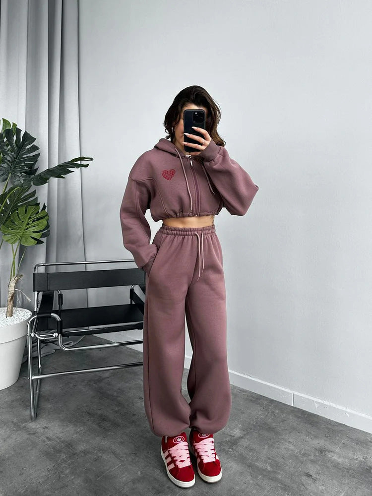 Damen Gekürztes Kapuzen‑Zip‑Set mit Herz‑Stickerei und weiter High‑Waist Jogginghose EB