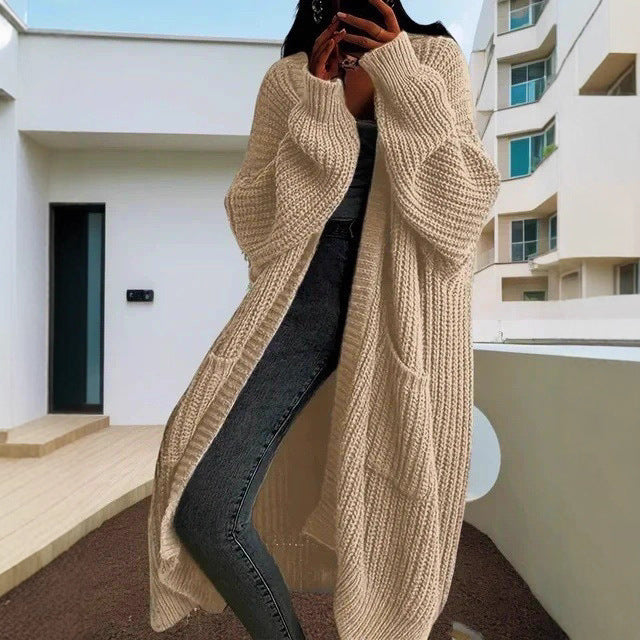 Damen Langer Strickcardigan mit seitlichen Taschen und lässigem Schnitt EB