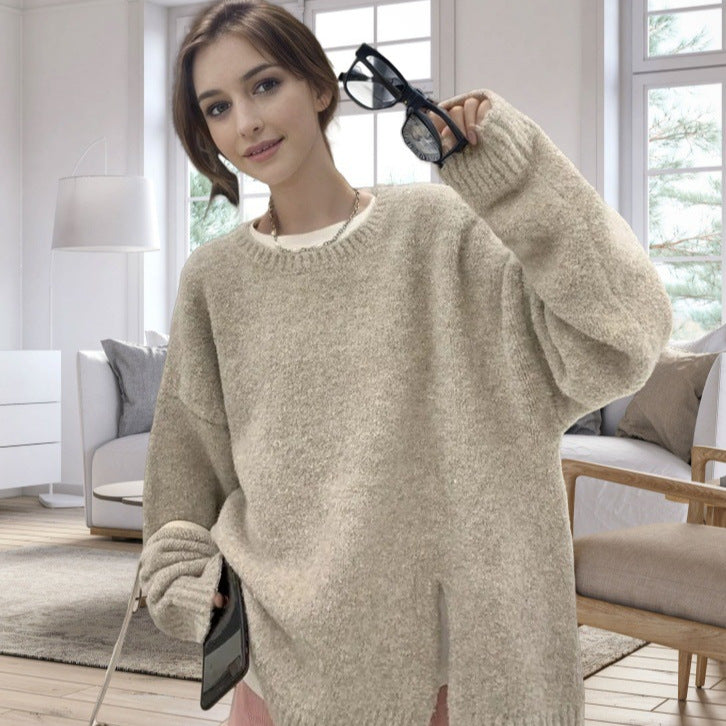 Damen Oversized Strickpullover mit elegantem V-Ausschnitt und seitlichen Schlitzen EB