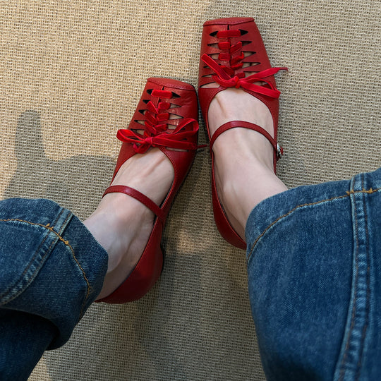 Damen elegante Schnür-Ballerinas mit Riemchen EB