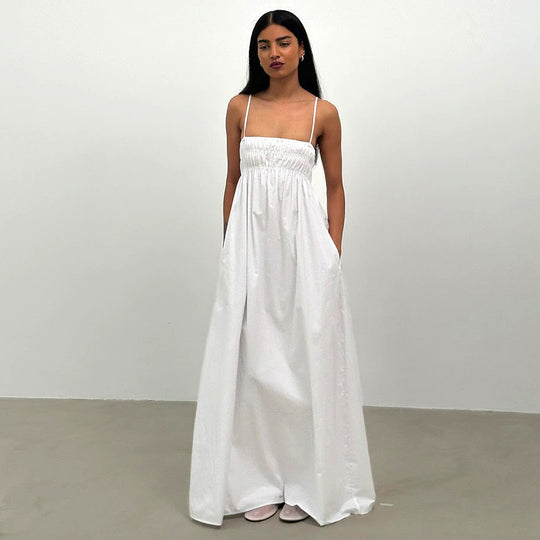 Damen Maxi-Kleid mit gerafftem Oberteil und seitlichen Taschen EB