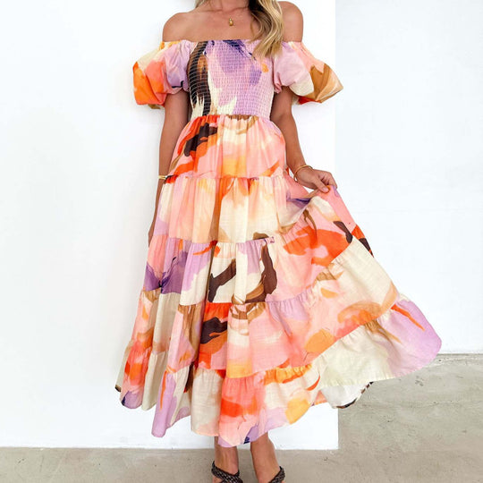 Damen Maxikleid mit voluminösen Puffärmeln und floralen Akzenten EB