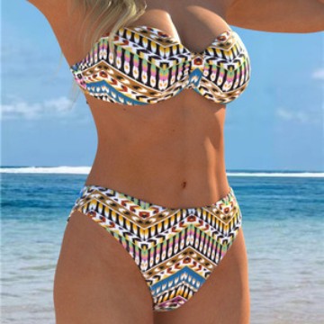 Damen Bandeau-Bikini mit stylischem Ethno-Muster und hohem Taillenschnitt EB