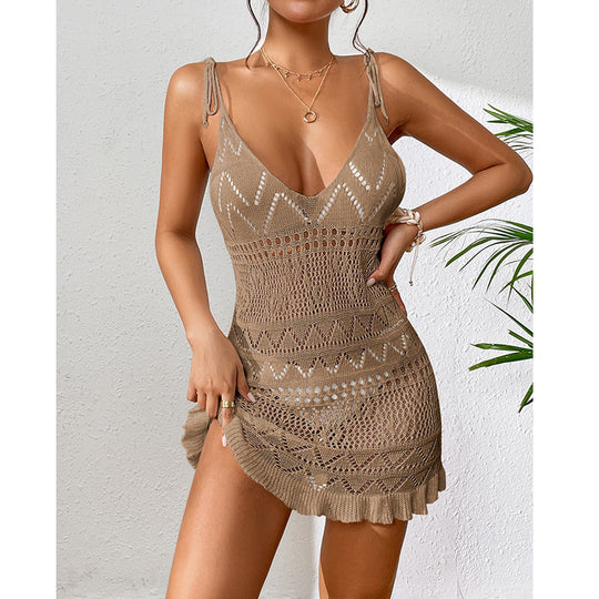 Damen Häkel-Strandkleid mit verstellbaren Trägern und Rüschensaum EB