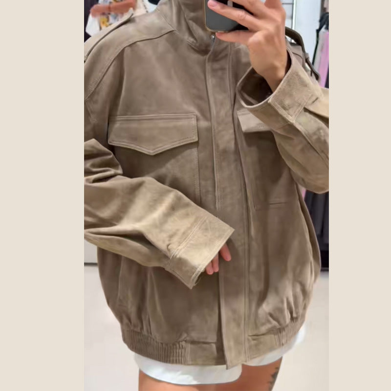 Damen Lässige Wildlederjacke mit praktischen Taschen und modernem Schnitt EB