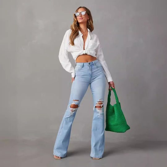 Damen Flared Jeans mit ausgefranstem Saum und verwaschenem Effekt EB