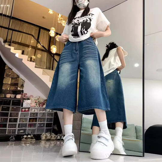 Damen Weite Denim-Culotte mit hohem Bund und elastischem Taillenbund EB