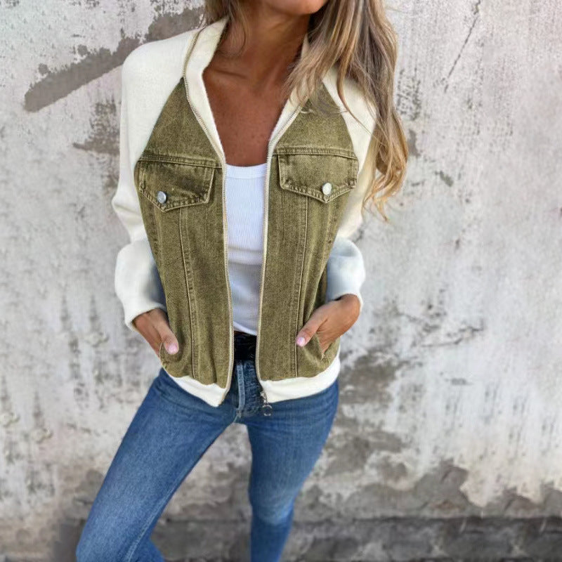 Damen lässige Sweaterjacke mit Denim-Style und Fleeceärmeln EB