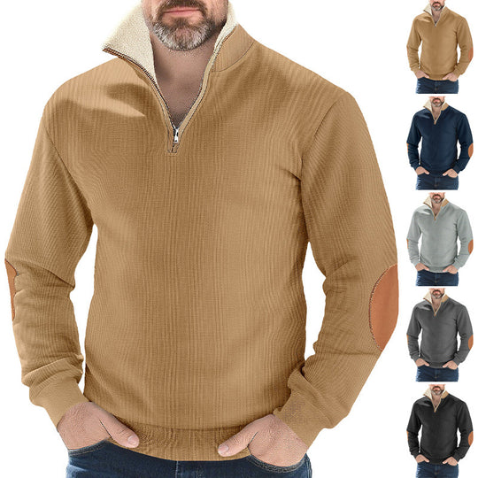 Herren nan Strukturstrick-Halbzipppullover mit wärmendem Sherpa-Kragen und Velours-Ellenbogenapplikation EB