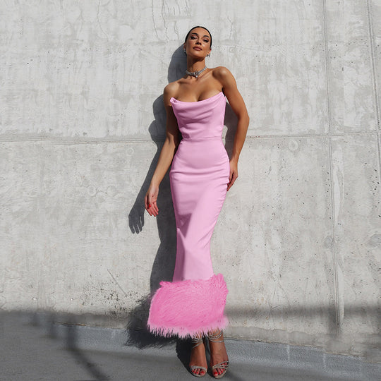 Damen Elegantes Midi-Kleid mit verführerischem Federbesatz EB