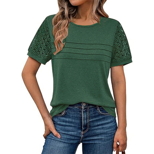 Damen luftiges T-Shirt mit attraktiven Häkelärmeln EB