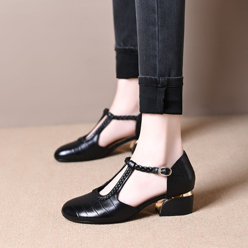 Damen Elegante T-Strap Pumps mit geflochtenem Detail und modischem Absatz EB
