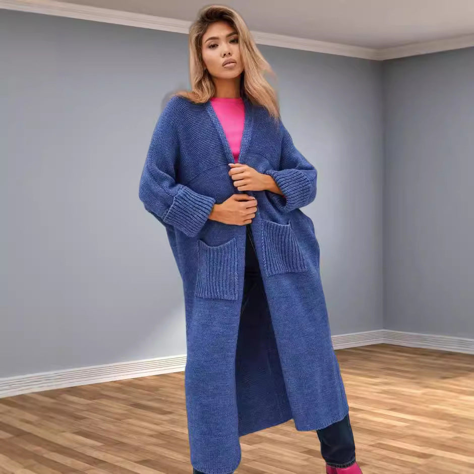 Damen Grobstrickmantel mit praktischen Taschen und elegantem V-Ausschnitt EB