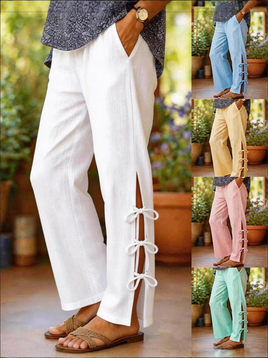 Damen Leichte Sommerhose mit seitlichen Bindegürtel undDekolleté-Schlitzen EB