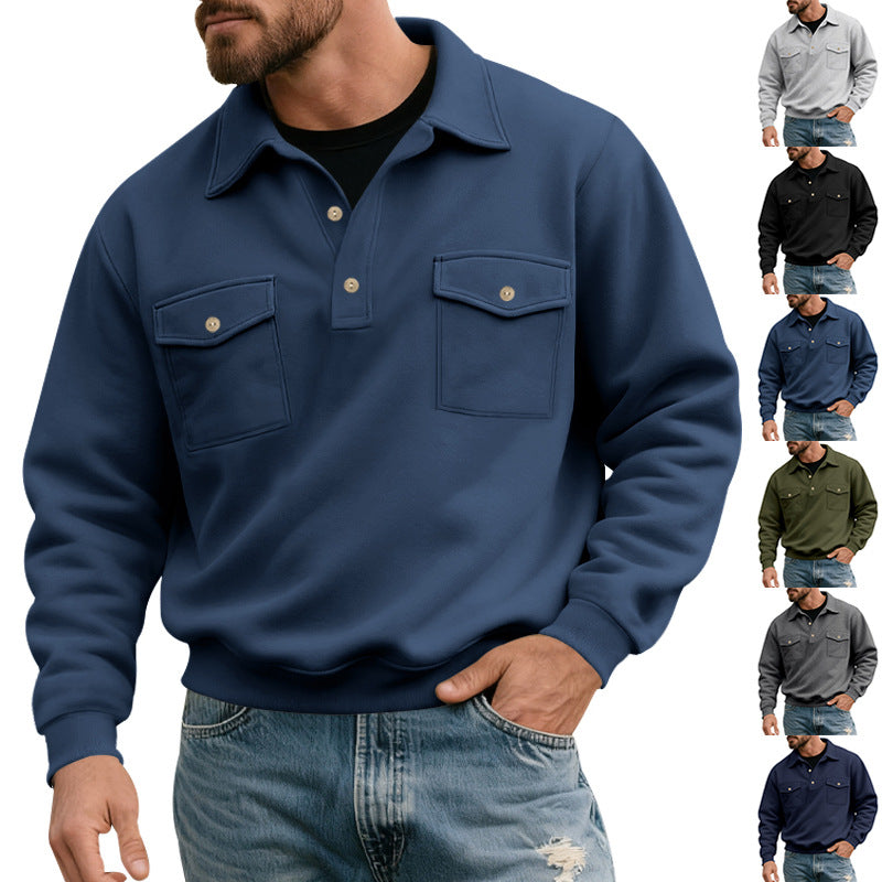 Herren nan Brustklappen-Polo-Sweatshirt mit Halbknopfleiste, zwei Brusttaschen und geripptem Saum EB