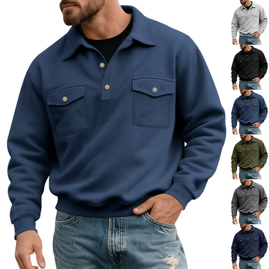 Herren nan Brustklappen-Polo-Sweatshirt mit Halbknopfleiste, zwei Brusttaschen und geripptem Saum EB