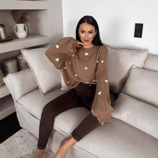 Damen lässiger Strickpullover mit herzförmigen Mustern und angeschnittenen Ärmeln EB