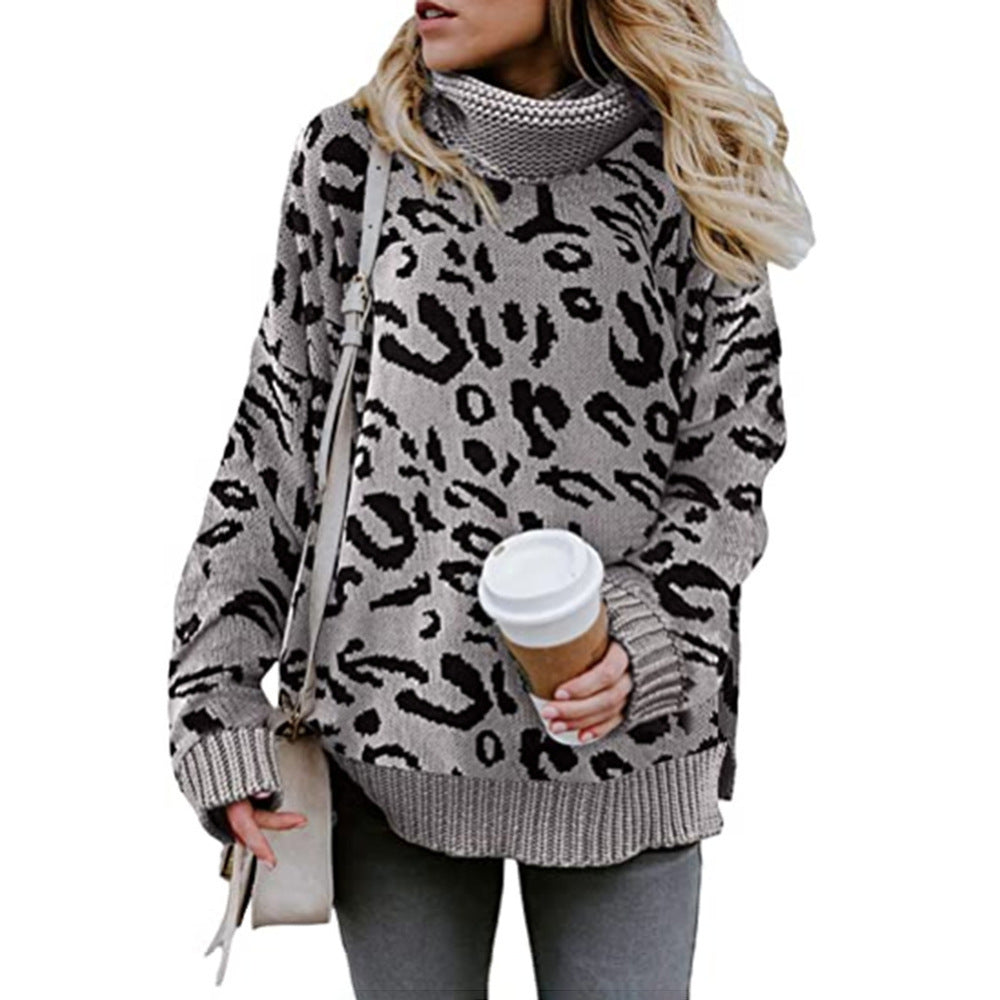 Damen Oversized Strickpullover mit Leopardenmuster und hohem Kragen EB