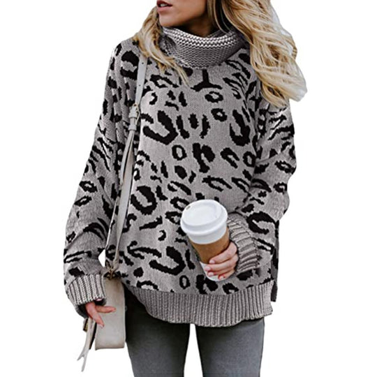Damen Oversized Strickpullover mit Leopardenmuster und hohem Kragen EB