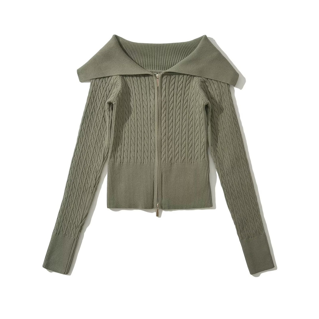 Damen modische Strickjacke mit weitem Kragen und Reißverschluss EB