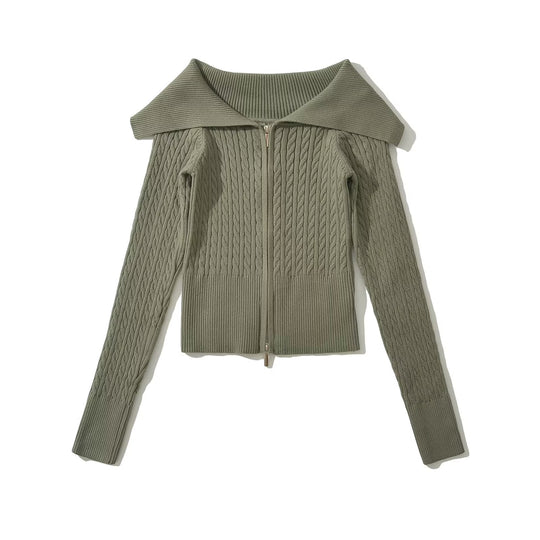 Damen modische Strickjacke mit weitem Kragen und Reißverschluss EB