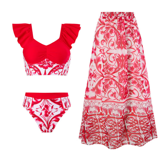 Damen Bikini-Set mit modischem Wickelrock und charmanten Rüschen EB