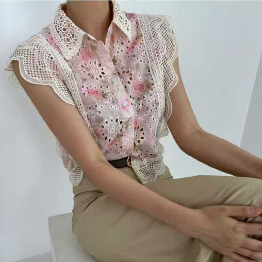 Damen elegante Bluse mit Cut-Out-Ärmeln und schickem Spitzenbesatz EB