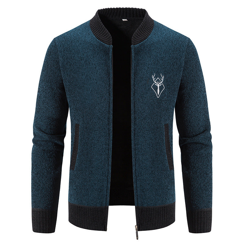 Herren nan lässiger Zip-Strickblouson mit weichem Thermofutter, geripptem Stehkragen und Hirsch-Logo EB